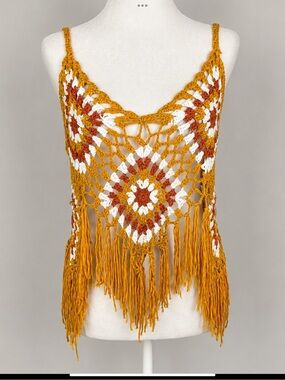 Vivid Boho Crochet Fringe Vest | Mustard Granny Square Festival Cover-Up Size M